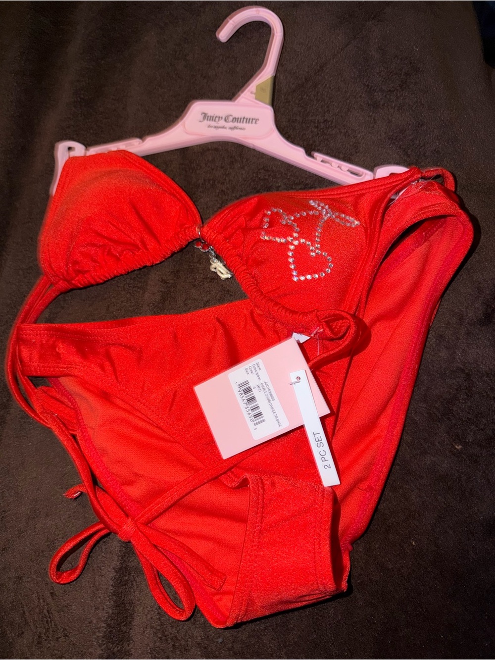 SMALL Juicy Couture Bright Red Rhinestone Bikini with Heart Detail - Picture 3 of 5